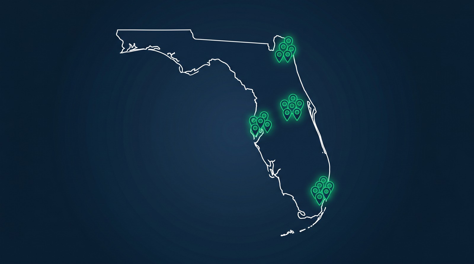 Florida map showing major CRNA employment markets in Miami, Tampa, Orlando, Jacksonville