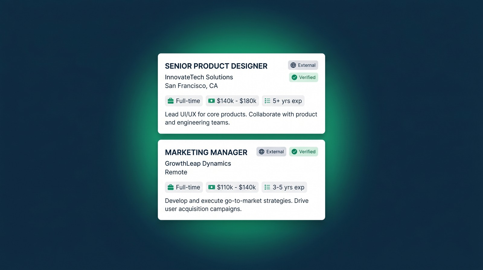 CRNA job aggregator dashboard showing External and Verified listing labels