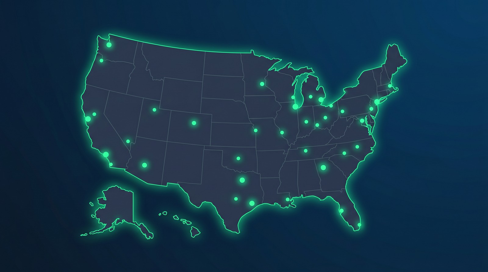 Stylized United States map with glowing markers illustrating state-by-state certified anesthesiologist assistant licensure